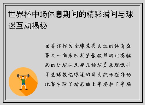 世界杯中场休息期间的精彩瞬间与球迷互动揭秘